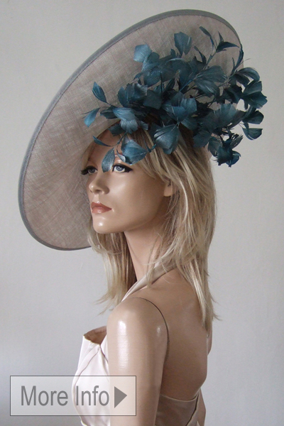 Silver Teal Metallic Feathered Slice Slice Hat. Ascot Hat Hire. Mother of the Bride Hats