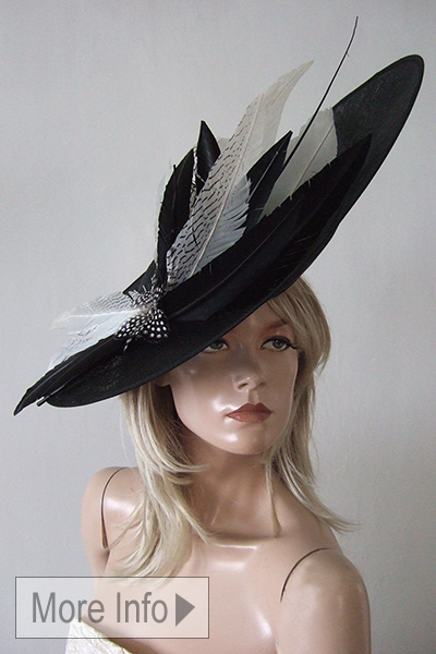 Black White Saucer Hat 2026. Designer Black and White Hats for Royal Ascot 2027. Black and White Fascinator. Big Black White Hats 2026. Royal Ascot Hats 2027, Snoxells Hats. Black and White Mother of the Bride Hats 2026.