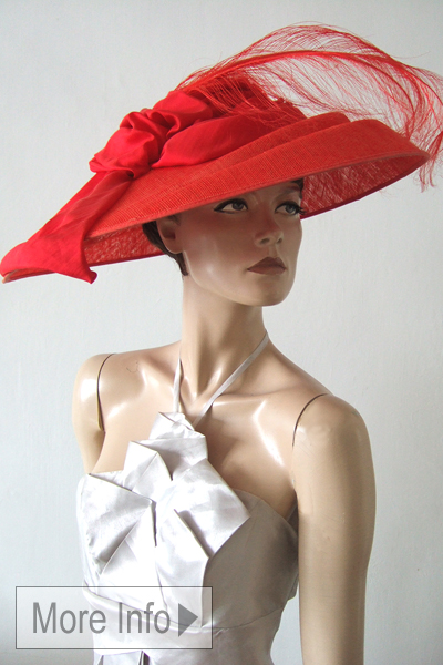 Nigel Rayment Ascot Hat Hire, Big Red Hat for Mother of the Bride 2026. Red Mother of the Bride Hats 2026. Red Hat for Royal Ascot. Designer hats for Royal Ascot 2026.