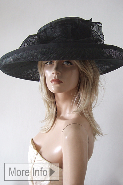 Black Wide Brim Hat for the Races. Large Black Hat for Royal Ascot 2027. Black Hats for Epsom Races. Hats for Grand National 2027. Hats for York Races.