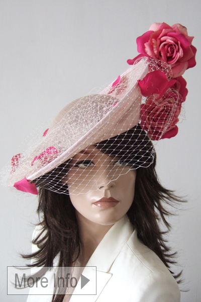 Baby Pink Hat for Hire. Royal Ascot Hat Hire 2025, Floral Pink Hats for Royal Ascot 2025. Pink Floral Hats 2025, Designer Hats for Royal Ascot 2025, Floral Hats for Royal Ascot 2025, Pink Hats for wedding guests. Pink Mother of the Bride Hats 2025, London Hat Hire