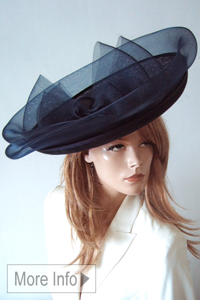 Navy Blue Royal Ascot Hat 2026. Navy Blue Big Hat for the Races 2026. Royal Ascot Hats 2026. Royal Ascot Hat Hire. Dress-2-Impress.com Ascot Hat Rental. Large Navy Blue Hats
