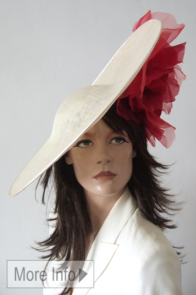 Red and Ivory Royal Ascot Hat for Hire. Best Hats for Royal Ascot 2025, Royal Ascot Hats, Red and Ivory Mother of the Bride Hats, Hats for Royal Ascot 2025, London Hat Hire, Hat Hire Berkshire, Hat Hire near Royal Ascot 2025.