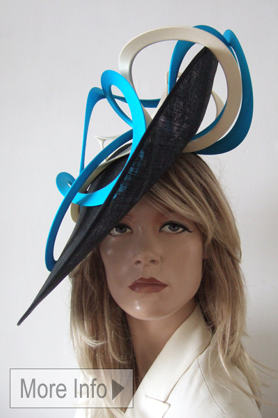 Black and Azure Blue Headpiece. Royal Ascot Hat Hire 2026. Hatinator for Royal Ascot 2026. Slice Style Hats. Hat Hire near London. Mother of the Bride hats. London Hat Hire