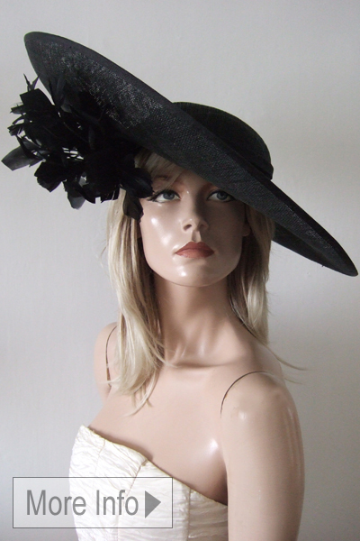 Black Feathered Slice Hat. Hat Hire for Royal Ascot, Big Hats for Royal Ascot 2026, Royal Ascot Hats 2026.