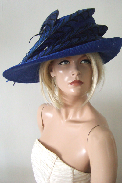 Brilliant Blue Side Sweep Hat. Ascot Hat Hire. Mother of the Bride Hats