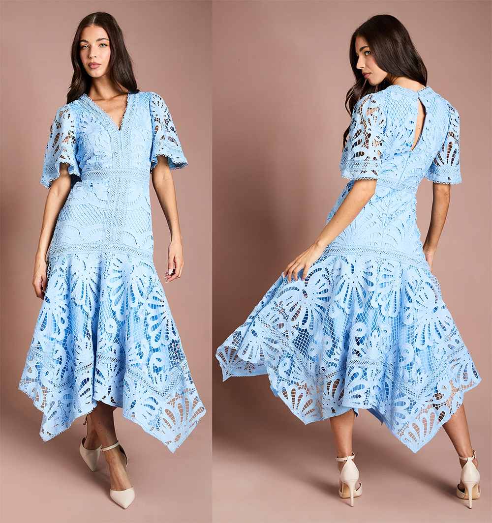 Light Blue Floral Lace Dress 2026. Light Blue Dress for Royal Ascot Races 2026. What to wear for a Summer Wedding 2026. What to wear for Royal Ascot 2026. Floral Dress for Spring Summer Wedding Guest 2026. Floral Dress for Royal Ascot 2026.