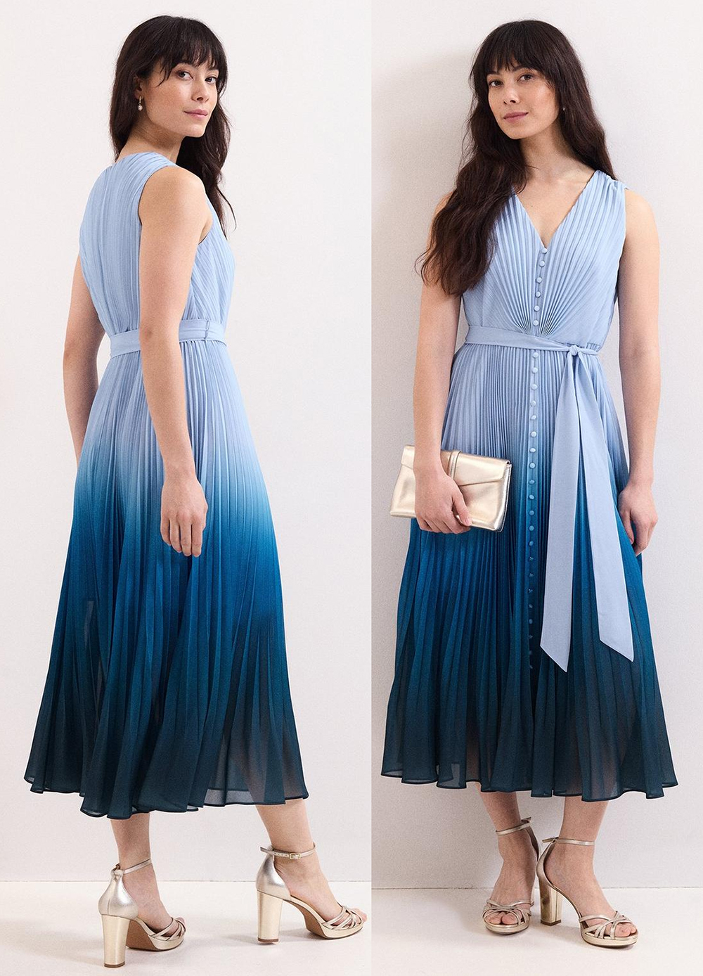 Blue Ombre Pleated Summer Dress 2026. Blue Dress for Royal Ascot 2026. What to wear for Royal Ascot 2026. Pale Blue Mother of the Bride Dress 2026. Pleated Blue Dresses 2026. Ascot Ladies Day outfit ideas 2026. Royal Ascot outfit ideas 2026.